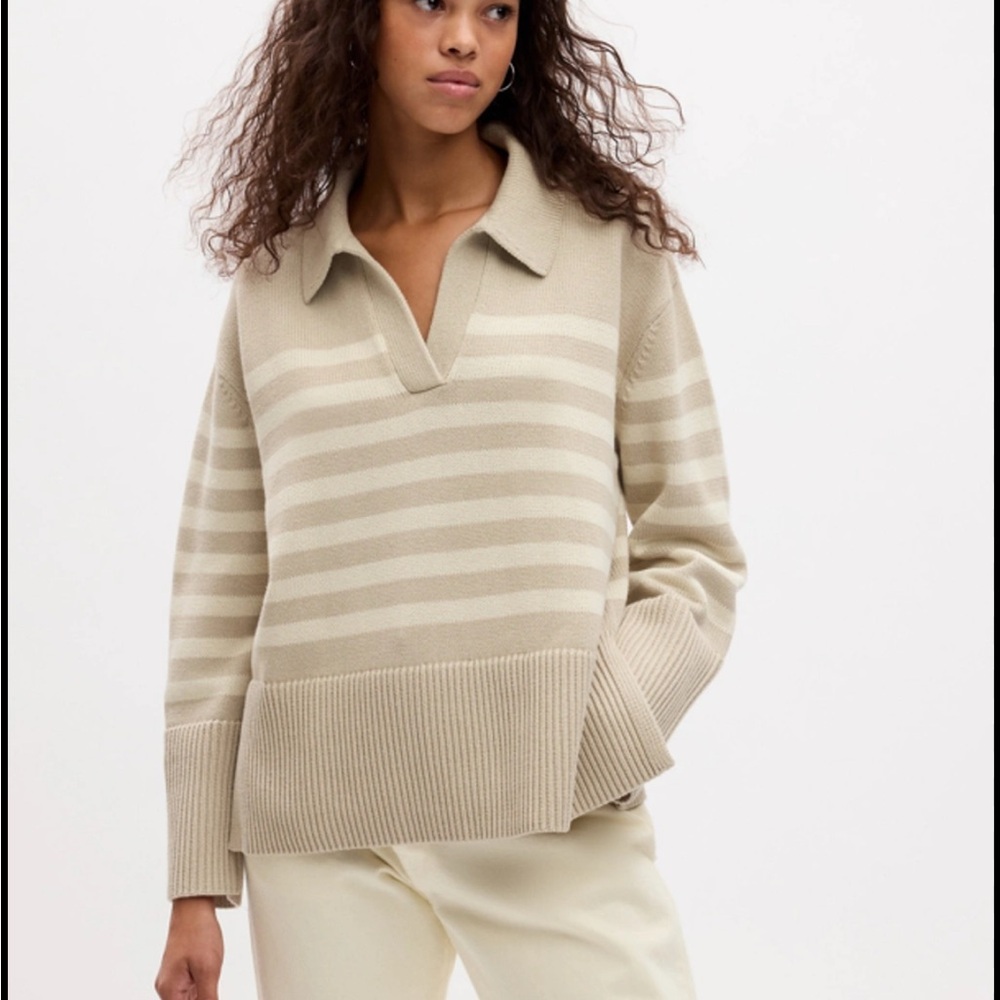 24/7 Split-hem Polo Sweater in Cobblestone Beige - 100% Cotton